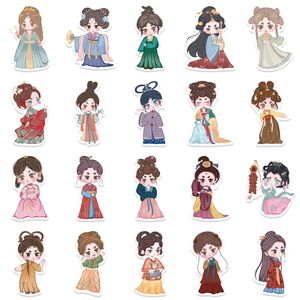 Set of 40 waterproof Chibi stickers featuring traditional Chinese Hanfu girls for journals