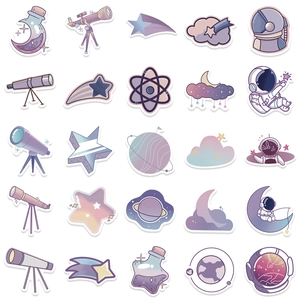 50 pieces of purple space stickers with astronauts and planets for luggage and skateboards