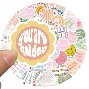 Detail showing high-quality waterproof vinyl stickers with positive vibes and quotes