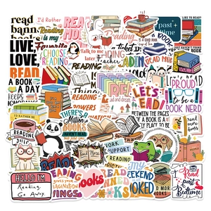 Set of 50 colorful reading stickers with books and cute cartoon animals for decoration