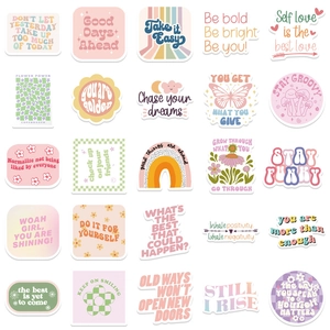 Detailed grid of 25 retro groovy aesthetic stickers with floral and rainbow designs