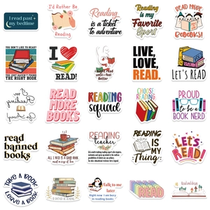 Pack of 50 book reading stickers for laptop and skateboard with 25 unique designs