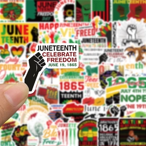 Close-up of a Juneteenth sticker featuring June 19th 1865 freedom celebration designs
