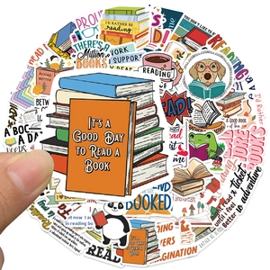 Close-up of waterproof reading stickers featuring cute animals and slogans for journals