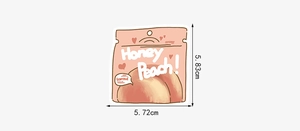 Detail shot showing a cartoon peach sticker with dimensions 5.83cm by 5.72cm