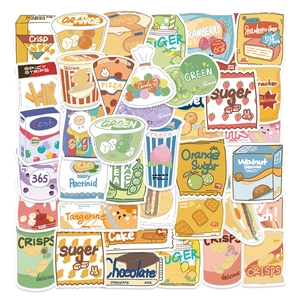 Close-up of cute cartoon snack stickers showing pudding, candy, and chocolate designs