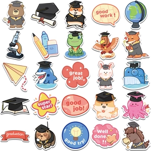 50pcs waterproof cartoon graduation stickers with cute animals and school supplies