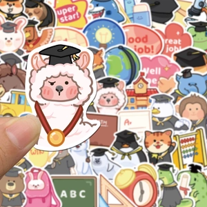 Pack of 50 graduation stickers featuring cute cartoon animals and school reward patterns
