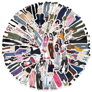 Nahaufnahme modischer Mädchen-Sticker mit verschiedenen Outfits und weißem vorgestanztem Rand