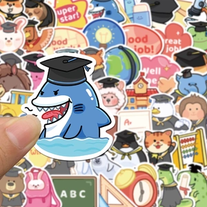 Close-up of waterproof preschool graduation stickers with cute cartoon animal designs