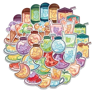 Set of 40 cartoon jelly fox and cat stickers in pastel cups for laptop and fridge deco
