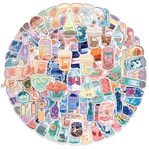 Macro view of cute cartoon drink stickers for notebooks and journals decoration
