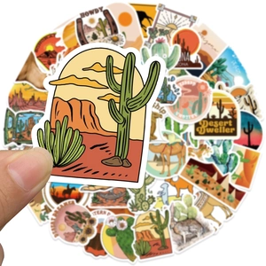 Waterproof bohemian desert stickers for suitcases with cactus and camel sunset designs