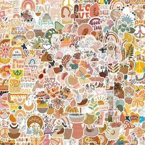 Detailed close-up of Boho style waterproof PVC stickers with rainbow and floral patterns