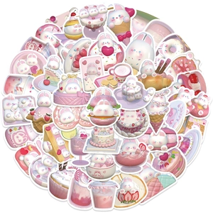 Detail of waterproof 3D pink bunny stickers featuring creative dessert and drink patterns