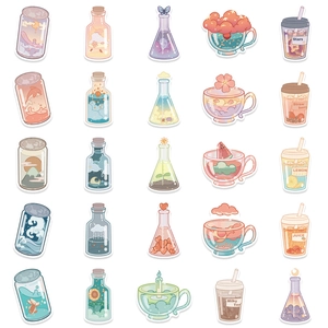 Set of 100 cute cartoon drink cup stickers for laptops and phones with dreamy illustrations