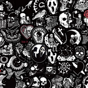Macro view of gothic skull and skeleton waterproof stickers for helmets and laptops