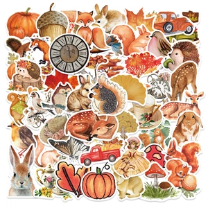 Detailed spread of 50 autumn forest stickers with cute foxes and cozy pumpkin designs