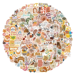 Close-up of waterproof PVC BOHO art stickers featuring rainbows, flowers and retro vans