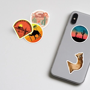 50pcs waterproof desert stickers featuring camels and cacti for luggage and phone cases