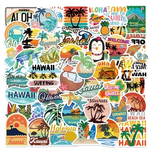 Detailed close-up of waterproof Hawaii cartoon stickers featuring palm trees and surfing themes