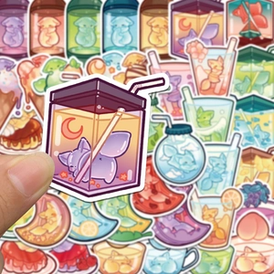 Close-up of cute purple cartoon cat juice box sticker for laptops and scrapbooks