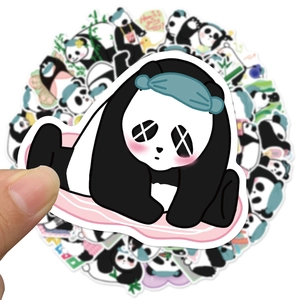 Handheld view of cartoon panda stickers for laptops and phone cases with cute designs