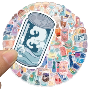 Close-up of cute cartoon drink stickers made of waterproof PVC for phone cases and laptops
