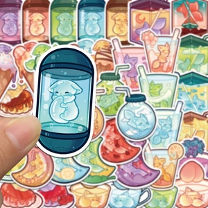 Close-up of cute cartoon jelly fox stickers showing waterproof material and vibrant colors