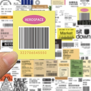 Macro shot of retro yellow milk tea cup sticker with barcode and aerospace text