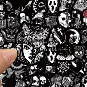 Detail of gothic stickers featuring moon and moth art on waterproof matte PVC vinyl stickers