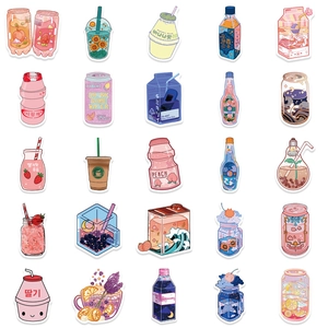 Detailed grid of 25 cute waterproof vinyl stickers featuring creative drink illustrations