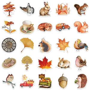Set of 50 waterproof autumn forest stickers with watercolor animals and leaves