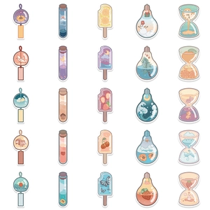 Close-up of 25 cute hand-drawn cartoon beverage cup stickers with seasonal themes