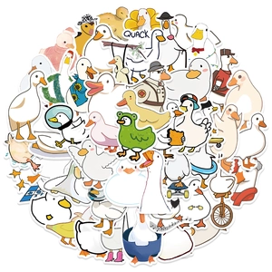 Detailed pile of 50 waterproof cartoon duck stickers for notebooks and skateboards