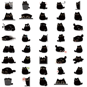 Lot de 80 autocollants de chat noir mignon dessinés à la main pour téléphone et papeterie