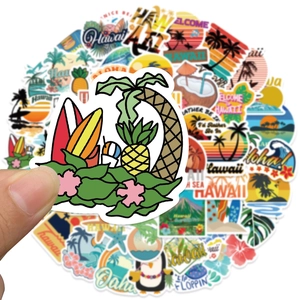 Vibrant Hawaii surf theme stickers featuring palm trees and surfboards for luggage decor