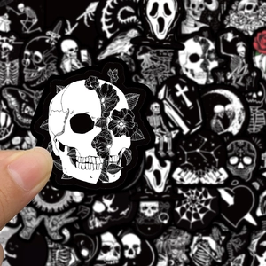 50 pieces of Gothic black and white skull stickers for laptops and car helmets waterproof