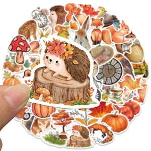 Watercolor autumn forest animal stickers featuring hedgehogs and foxes for DIY decoration