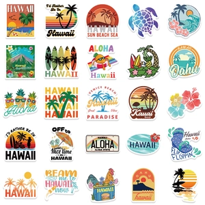 Set of 50 tropical Hawaii theme waterproof stickers featuring palm trees and surfboards