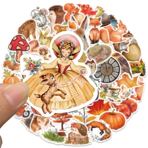 Detail of vintage autumn forest stickers with hand-drawn deer, foxes, and maple leaf motifs