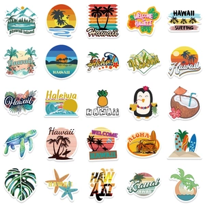 50pcs waterproof Hawaii stickers with tropical coconut trees and surfing designs for luggage