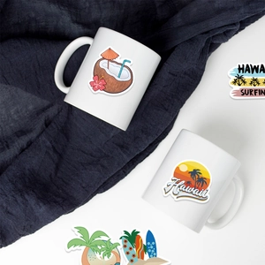 Hawaii themed waterproof stickers featuring palm trees and surfing on a white ceramic mug