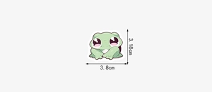 Detailed size chart showing cute green frog sticker dimensions as 3.8cm by 3.18cm