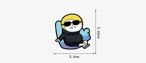 Detailed view of a purple gothic cartoon sticker with specific dimensions of 5.6cm by 5.66cm