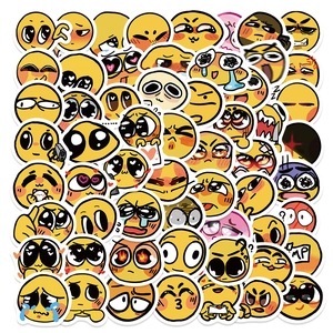 Flat lay macro view of yellow emoji sticker set with waterproof die-cut edges