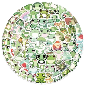Close-up of 100 cute green frog stickers with various cartoon poses for kids' rewards