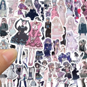 Close-up of gothic anime girl stickers for laptop and DIY journal decoration