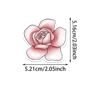 Pink rose sticker dimensions detail showing 5.16 cm height and 5.21 cm width