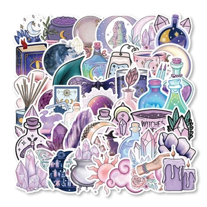 Detailed view of mystical purple magic stickers featuring crystals and potions